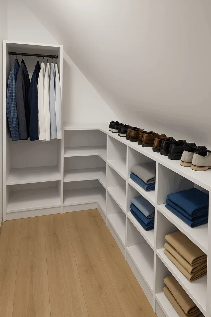 Garderoba walk-in na wymiar pod skosem dachu – białe półki na buty i ubrania, Sopot