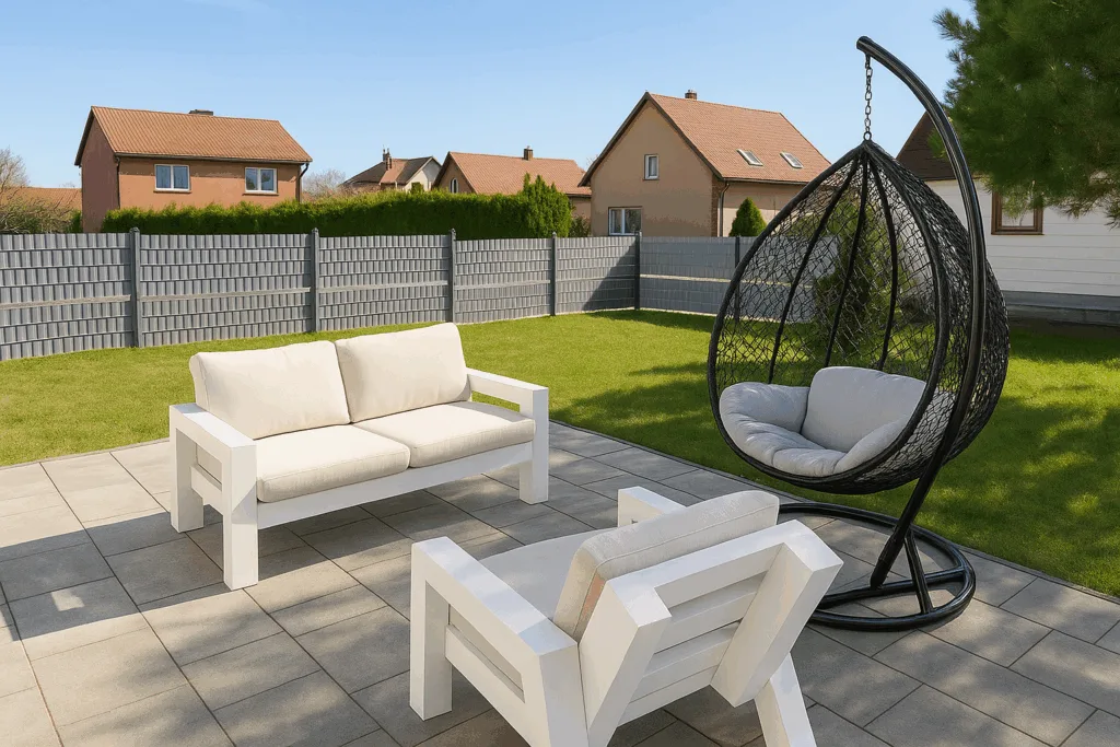 Meble ogrodowe na wymiar – biała sofa i fotel z drewna, realizacja Trójmiasto