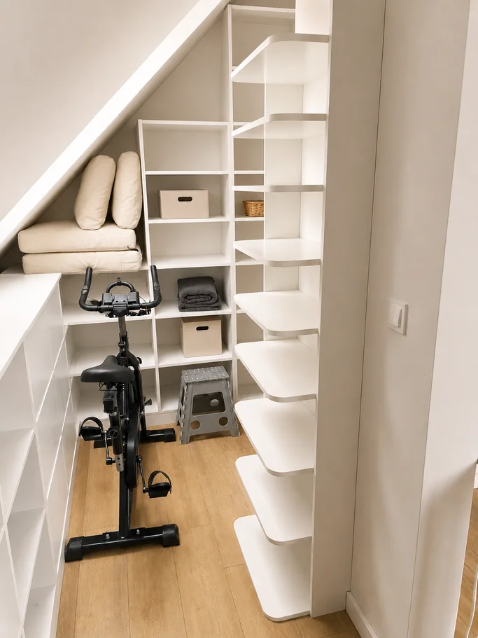 Zabudowa pod schodami na wymiar – białe półki z miejscem na rower, Trójmiasto